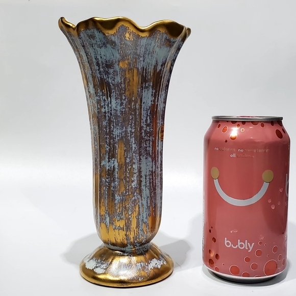 1957 Stangl #3154 Antique Gold, 7.5" 22KT Gold Turquoise Blue Green Flared Vase - Picture 4 of 11